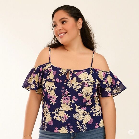 Torrid Blouse Womens 6X Blue Floral Top Cold Shoulder Flowy Fairy Bloomcore - Picture 2 of 11